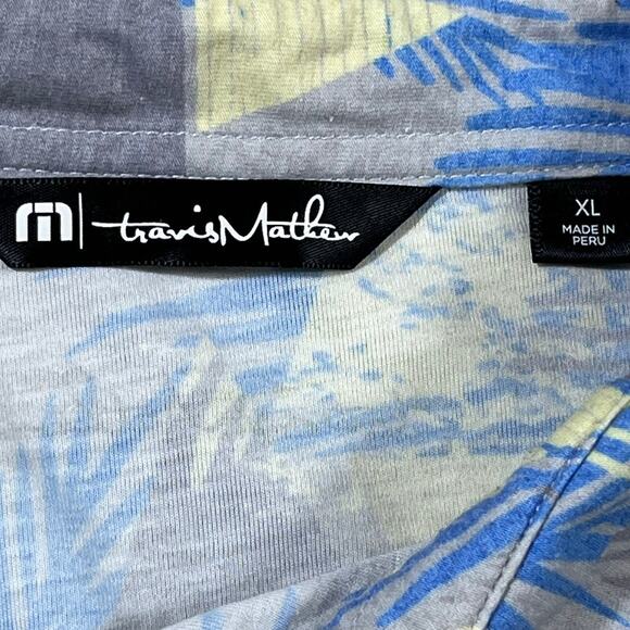 TravisMathew Men’s XL Blue Yellow Hawaiian Print 3 Button Short Sleeve Polo Golf - Picture 3 of 7